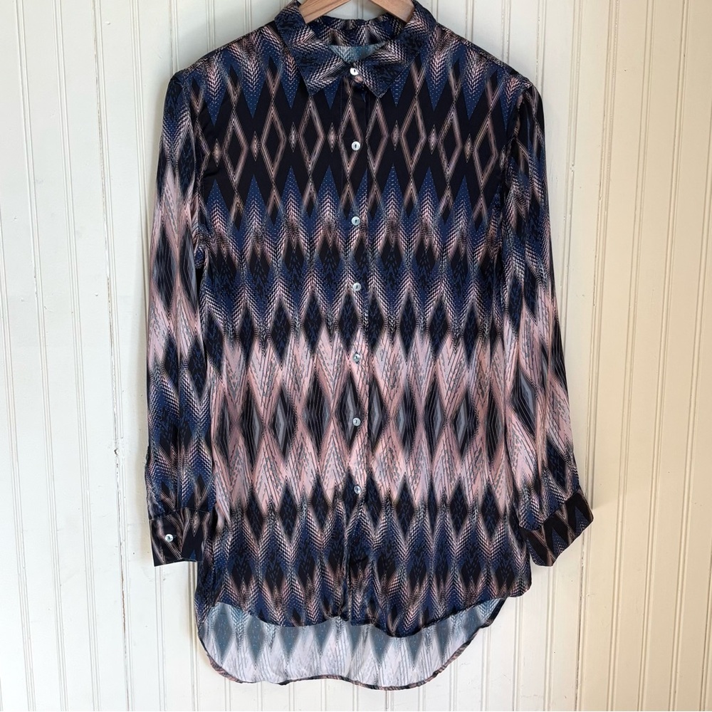 Asceno 100% Silk Geometric Print Button Down Shirt, Small